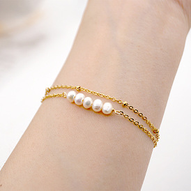 Golden Double Layer Stainless Steel Bracelet & Anklet Set, Natural Freshwater Pearls Beads Jewelry for Women