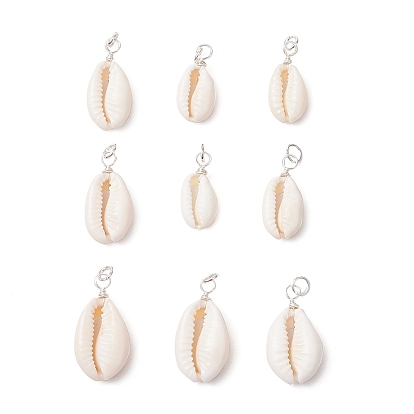 9шт. подвески из натуральной ракушки каури, с круглыми медными проволочными петлями и соединительными кольцами, белые