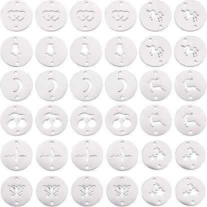 36Pcs 9 Style 304 Stainless Steel Links Connectors, Flat Round with Butterfly & Heartbeat & Star & Deer & Cherry & Unicorn & Rose & Heart & Moon