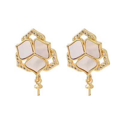 Фурнитура для серег-гвоздиков из латунных ракушек с микропаве из кубического циркония, за половину пробурено бисера, с уха орехов, клевер, без кадмия и без свинца, стойки покрытие, долговечный