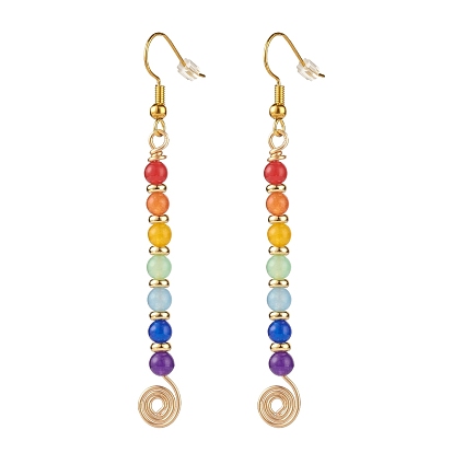 Boucles d'oreilles pendantes longues perles rondes en jade naturel de Malaisie, boucles d'oreilles à spirales, 7 bijoux chakra pour fille femmes, or