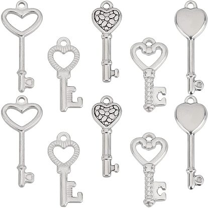 10Pcs 5 Style 304 Stainless Steel Pendants, Heart Key