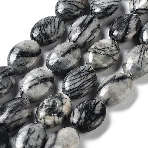 Brins de perles en pierre de soie noire naturelle / netstone, Ovale Plat