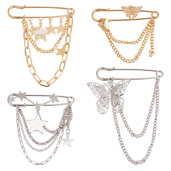 4 шт. 4 стили сплав акриловые подвесные броши-цепочки, брошь для свитера, шали, воротника, одежды, бабочка и сатр, со стеклом