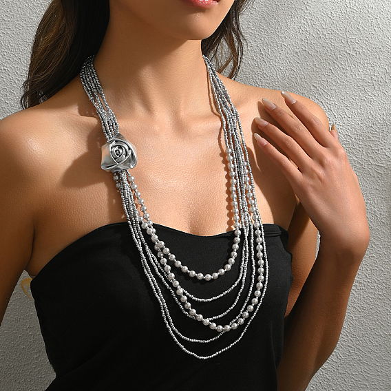 Элегантные многослойные ожерелья из пластиковых бусин и цветков из ткани для женской вечеринки