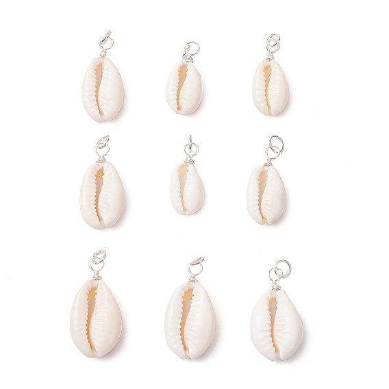 9шт. подвески из натуральной ракушки каури, с круглыми медными проволочными петлями и соединительными кольцами, белые