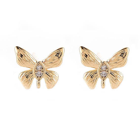 Brass Micro Pave Clear Cubic Zirconia Stud Earrings Findings, Nickel Free, Butterfly