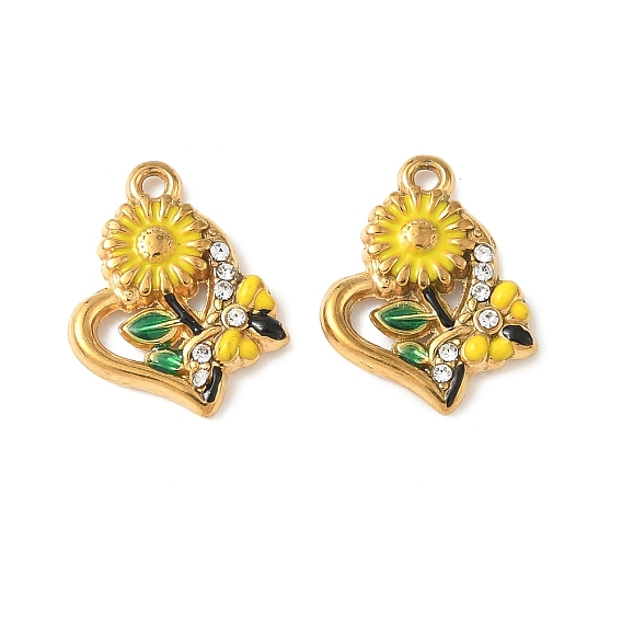 304 из нержавеющей стали горный хрусталь подвески, Эмаль стиле, сердце с подсолнухом, ионное покрытие (ip)