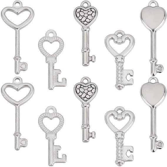 10 PC 5 Stil 304 Edelstahlanhänger, Herz Schlüssel