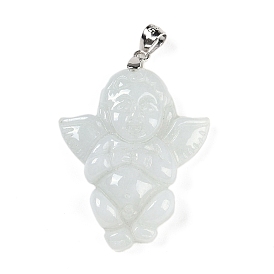 Natural Jadeite Carved Pendants, Angel Baby Charms with Rhodium Plated 925 Sterling Silver Snap on Bails