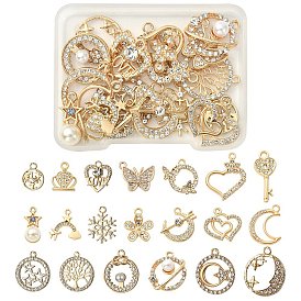 20Pcs 20 Style Alloy Crystal Rhinestone Pendants, with ABS Plastic Imitation Pearl Beaded, Heart & Tree & Butterfly & Moon & Crown Charms