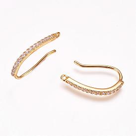 Brass Cubic Zirconia Earring Hooks, with Horizontal Loop