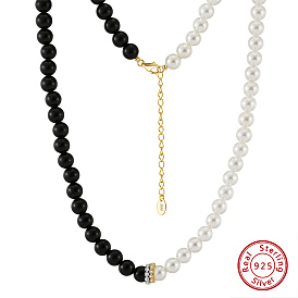 Natural Black Obsidian & Shell Pearl Round Beaded Necklaces, with 925 Sterling Silver End Chains