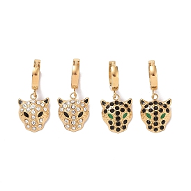 Rhinestone Leopard Dangle Hoop Earrings with Enamel, Gold Plated 304 Stainless Steel Jewelry for Women