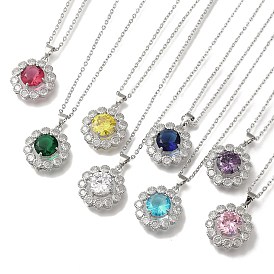 304 Stainless Steel Cable Chain Necklaces, Brass Clear Cubic Zirconia Flower Pendant Necklaces, Platinum & Stainless Steel Color