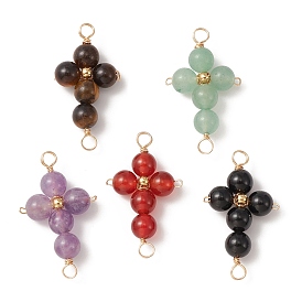 Natural Mixed Gemstone Connector Charms, Eco-Friendly Golden Plated Copper Wire Wrapped Cross Links with Brass Round Beads