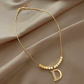 Collier pendentif lettre d en zircone cubique claire avec chaînes de serpent, bijoux en acier titane doré pour femme