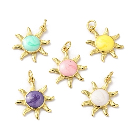 Rack Plating Brass Enamel Pendants, with Jump Ring, Lead Free & Cadmium Free, Sun Charm, Real 18K Gold Plated