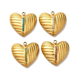 Ion Plating(IP) 304 Stainless Steel Rhinestone Pendants, Heart Charms, Real 14K Gold Plated