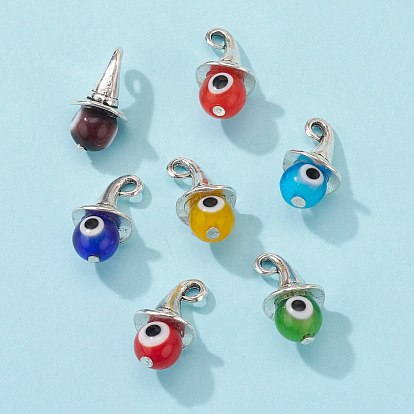 Alloy Pendants, with Handmade Evil Eye Lampwork Round Bead and Tibetan Style Alloy Charms, Witch Hat
