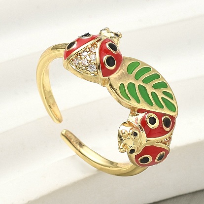 Манжеты из латуни с микро паве кубический цирконий для женщин, божья коровка с листочком, с эмалью, стойки покрытие, долговечный, без свинца и без кадмия