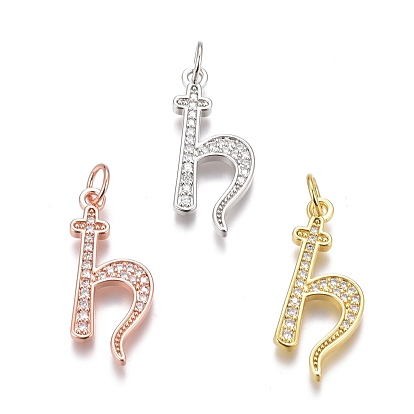 Brass Micro Pave Clear Cubic Zirconia Pendants, Long-Lasting Plated, Letter H