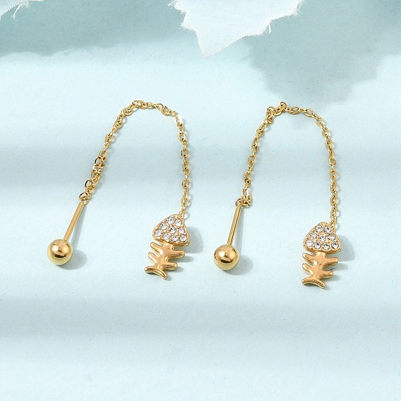 304 Stainless Steel Rhinestone Ear Thread for Women, Fishbone