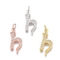 Brass Micro Pave Clear Cubic Zirconia Pendants, Long-Lasting Plated, Letter H