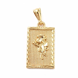 Rack Plating Brass Pendants, Long-Lasting Plated, Lead Free & Cadmium Free, Rectangle with Flower