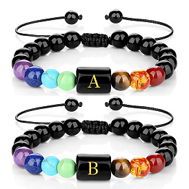 7 Chakra Black Obsidian Yoga Bracelet with 26 Alphabet Beads - Handmade Natural Stone Men Women Wrist Mala