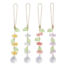 4Pcs 4 Colors Flower Shell Pearl Round Beaded Hanging Suncatchers, Brass Cable Chain & Glass Round Pendant for Home Decorations