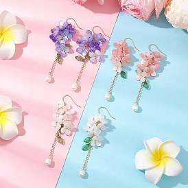 Shell Pearl Dangle Earrings, with Cellulose Acetate(Resin) Bead Caps and Brass Earring Hooks, Flower, Golden