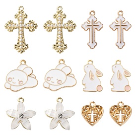 36Pcs 6 Style Easter Themed Light Gold Alloy Enamel Pendants, Mixed Shapes