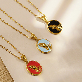 Stylish Stainless Steel Enamel Enamel Pendant Necklaces, with Cable Chain for Women, Flat Round with Prayer Sign