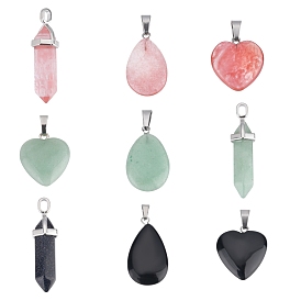 Sunnyclue 9pcs 9 pendentifs de pierres précieuses mixtes naturelles et synthétiques de style, avec les accessoires en laiton et alliage, coeur & balle & larme, platine