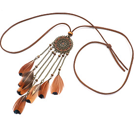 Feather Bib Statement Necklaces, Sweater Necklaces, with Alloy and Faux Suede Cord, Seed Beads