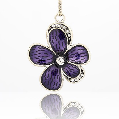 Vintage Alloy Enamel Flower Pendants, with Crystal Rhinestone, Antique Silver, 52x41x9mm, Hole: 4mm