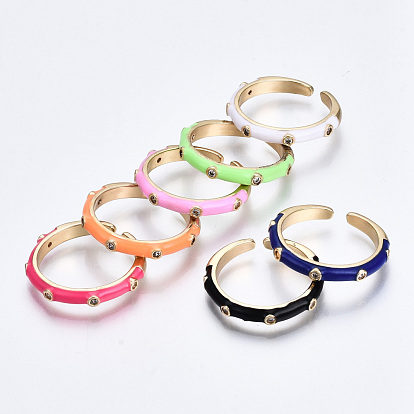Brass Micro Pave Clear Cubic Zirconia Cuff Rings, Open Rings, with Enamel, Cadmium Free & Nickel Free & Lead Free, Golden