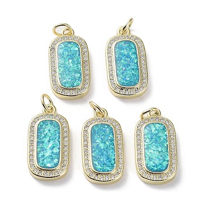 Rack Plating Brass Micro Pave Cubic Zirconia Pendants, Synthetic Opal Rectangle Charms with Jump Ring, Cadmium Free & Lead Free, Long-Lasting Plated, Real 18K Gold Plated