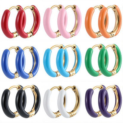9 Pairs 9 Colors Two Tone 304 Stainless Steel Chunky Huggie Hoop Earrings, with Enamel