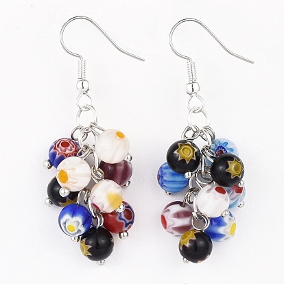 Handmade Millefiori Glass Dangle Earrings, with Brass Earring Hooks, Cluster Earrings