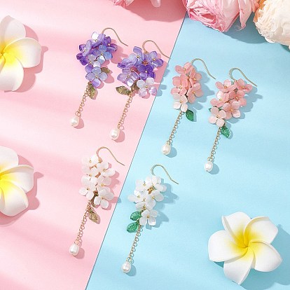 Shell Pearl Dangle Earrings, with Cellulose Acetate(Resin) Bead Caps and Brass Earring Hooks, Flower, Golden