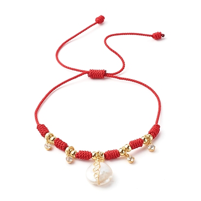 Adjustable Nylon Thread Cord Bracelets, with Alloy Natural Pearl & Brass Rhinestone Charms
