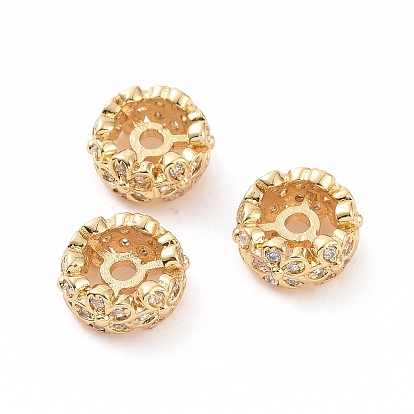 Brass Micro Pave Cubic Zirconia Spacer Beads, Flat Round with Flower
