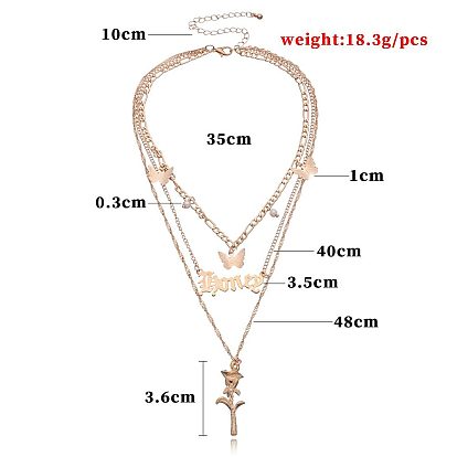 Butterfly Rose Pendant Necklace for Women with Adjustable Multilayer Letter Charms