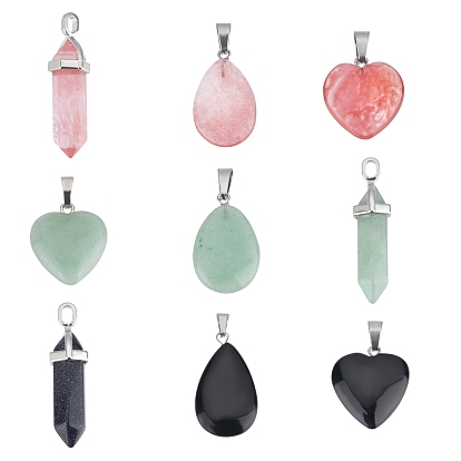 9Pcs 9 Style Natural & Synthetic Mixed Gemstone Pendants, with Brass & Alloy Findings, Heart & Bullet & Teardrop, Platinum