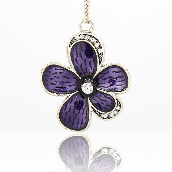 Weinleselegierung Emaille Blumenanhänger, mit Strass-Kristall, Antik Silber Farbe, 52x41x9 mm, Bohrung: 4 mm