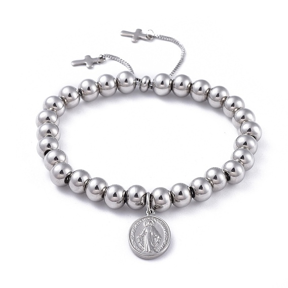 Adjustable 304 Stainless Steel Slider Bracelets, Bolo Bracelets, Cross & Oval with Virgin Mary