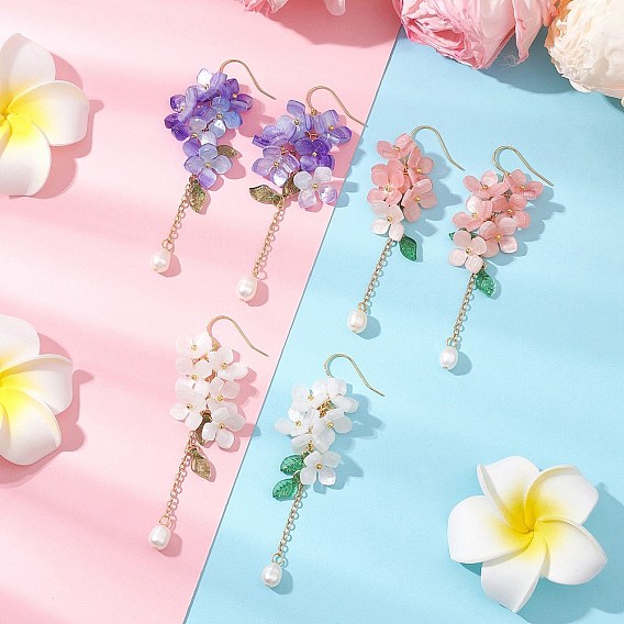 Shell Pearl Dangle Earrings, with Cellulose Acetate(Resin) Bead Caps and Brass Earring Hooks, Flower, Golden