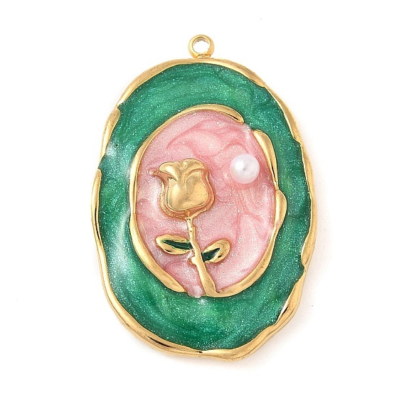 304 нержавеющей стальной эмали подвески, с абс пластмассовыми жемчужными бисером, овал с цветочной подвеской